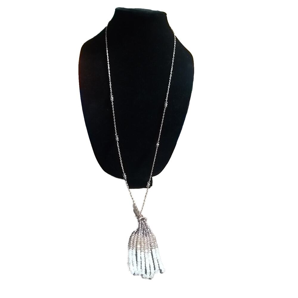 22" Beaded Boho Tasseled Necklace With Grey Tan White Colored Sparkly Beads